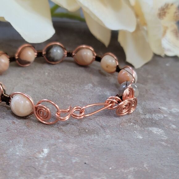 Handmade Sunstone Beaded Copper Wire Wrapped Cuff Bracelet Boho Jewelry - Picture 3 of 3